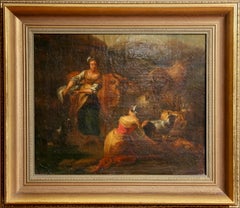 18th Century Pastoral Scene with Herdesses & Livestock Oil Painting