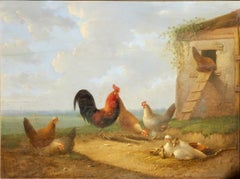 19th Century Dutch Poultry Yard Rooster Oil Painting, Albertus Verhoesen
