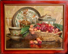 Late 19th Century Still Life with Cherries & Porcelain, Fernande Soulacroix
