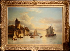 Late 19th C. Dutch Romantic Harbor Marine Oil Painting, Signed van Berg 1880