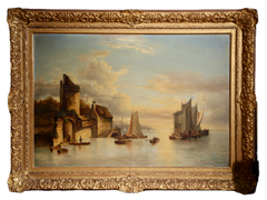 Late 19th C. Dutch Romantic Harbor Marine Oil Painting, Signed van Berg 1880