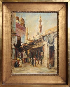 Pintura al óleo de una escena callejera del bazar de El Cairo, de un orientalista del siglo XX