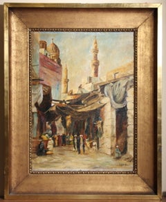 Pintura al óleo de una escena callejera del bazar de El Cairo, de un orientalista del siglo XX