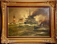1912 Naval Battleship Marine Oil Painting, Alfred Jensen (1859–1935)