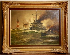 1912 Naval Battleship Marine Oil Painting, Alfred Jensen (1859–1935)
