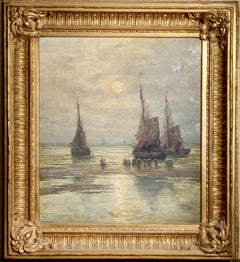 Late 19th Century, Hague School Beach Fishing Boats Oil, Signed H. Mahler