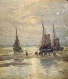 Late 19th Century, Hague School Beach Fishing Boats Oil, Signed H. Mahler