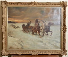 Fine del XIX secolo. Troika inseguita dai lupi, olio su tela, Adolf Constantin Baumgartner-Stoiloff