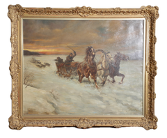 Fine del XIX secolo. Troika inseguita dai lupi, olio su tela, Adolf Constantin Baumgartner-Stoiloff