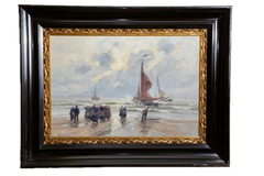 1896 Katwijk: Fischereiflotte am Strand – impressionistisches Meeresgemälde in Öl, Deutsch: Grobe