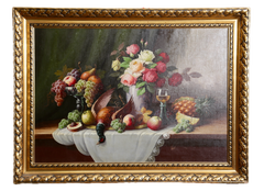 Large Antique Baroque Style Game & Fruit Still Life Oil, Signed A. Höppner