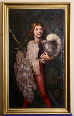 Ragazzo del XIX secolo con l'armatura di Carlo V, dipinto a olio in stile storicista, G. B. Roy