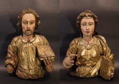 St. John St. Catherine Pair of sculptures 17th Century Wood Gold Italian school