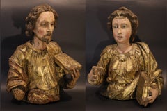 St. John St. Catherine Pair of sculptures 17th Century Wood Gold Italian school