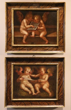 Angels Pair Caccia 17th Century Paint Oil on canvas Old master Italian school
