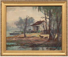 Knute Heldner Louisiana Swamp Cabin with Goats, Original Oil Painting