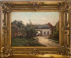 Fine Antique European Village Landscape, Oil on Canvas, Elaborate Gilt Frame