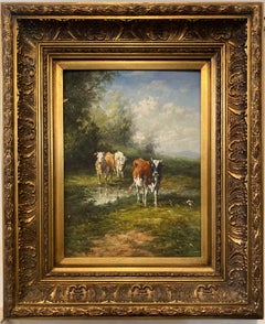 Antique Pastoral Landscape Oil Painting with Cows in Ornate Gilt Frame, 19th-C.
