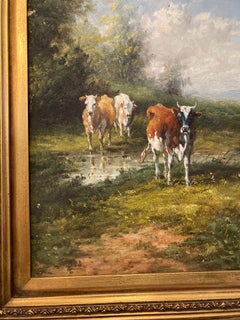 Antique Pastoral Landscape Oil Painting with Cows in Ornate Gilt Frame, 19th-C.