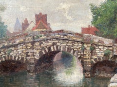 Alfred Hazledine, cuadro antiguo al óleo del puente de piedra de Brujas, fechado en 1897