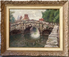 Alfred Hazledine, cuadro antiguo al óleo del puente de piedra de Brujas, fechado en 1897
