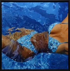 Pool Blues: dipinto a olio fotorealistico, nuotatore, contemporaneo, incorniciato