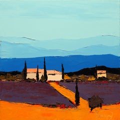 «Les Cypres»: pintura al óleo contemporánea de estilo impresionista realizada con espátula