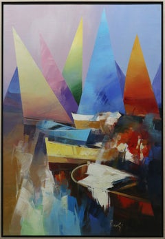 „Setting Sail“, abstrakte Mittelmeermalerei, Öl und Acryl auf Leinwand