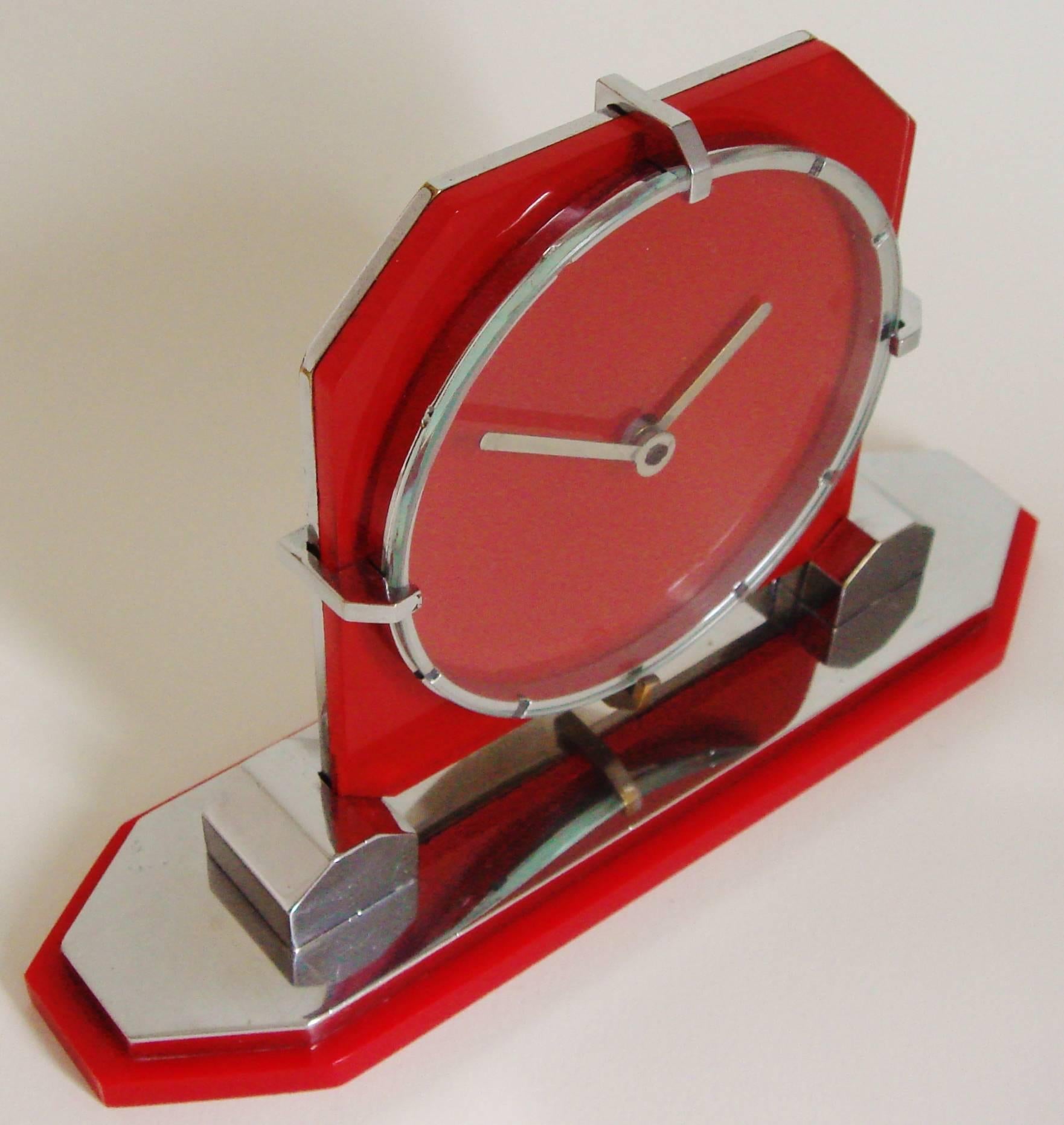 Exquisite English Art Deco Red Glass, Red Lucite and Chrome Geometric Desk Clock 1