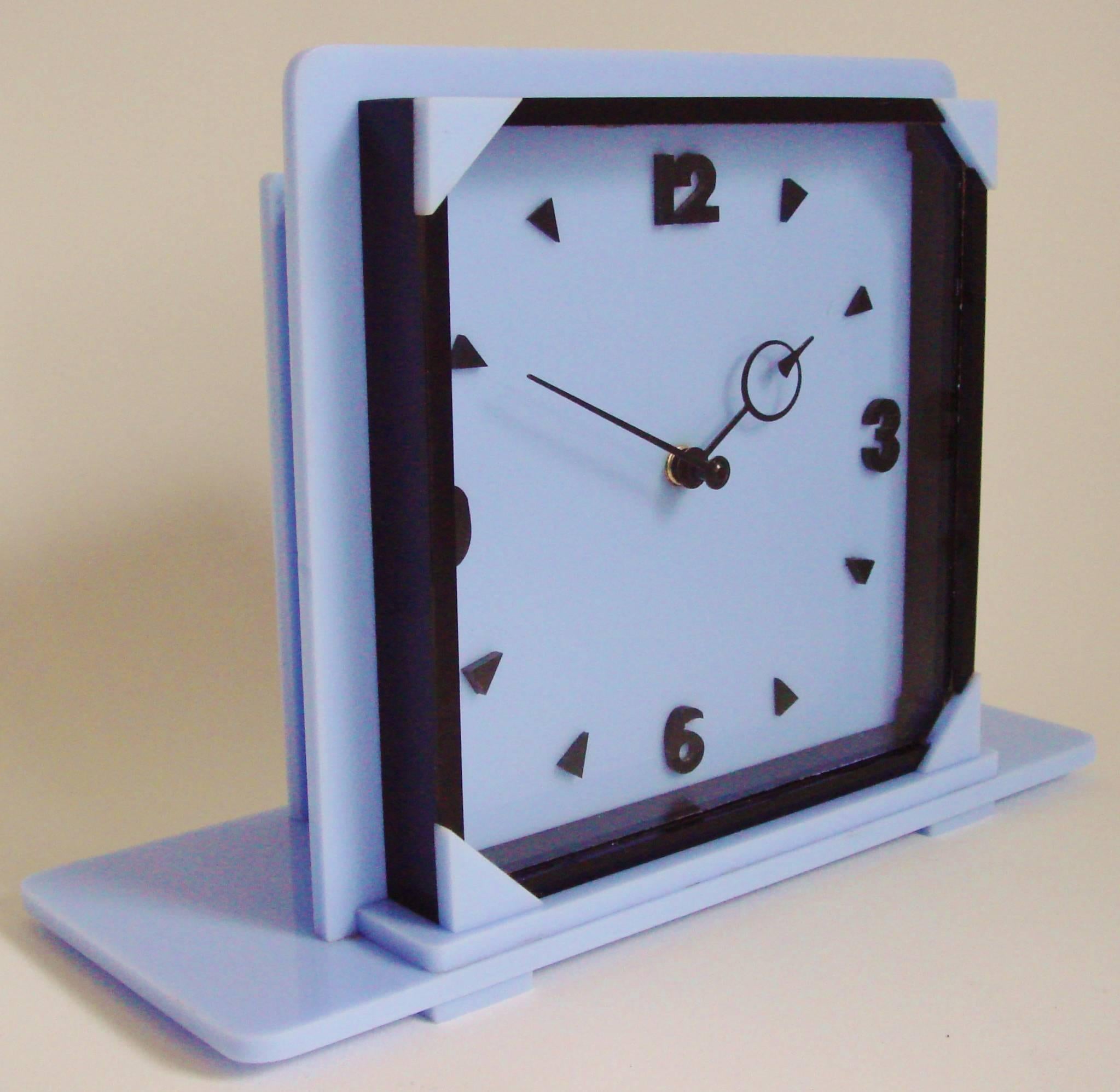 Molded Rare English Art Deco Blue, Black and Clear Lucite Electric Metamec Mantle Clock