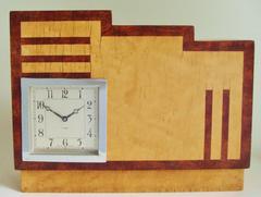 English Art Deco, Chrome, Wood and Polychromed Veneer Ziggurat Mantle Clock