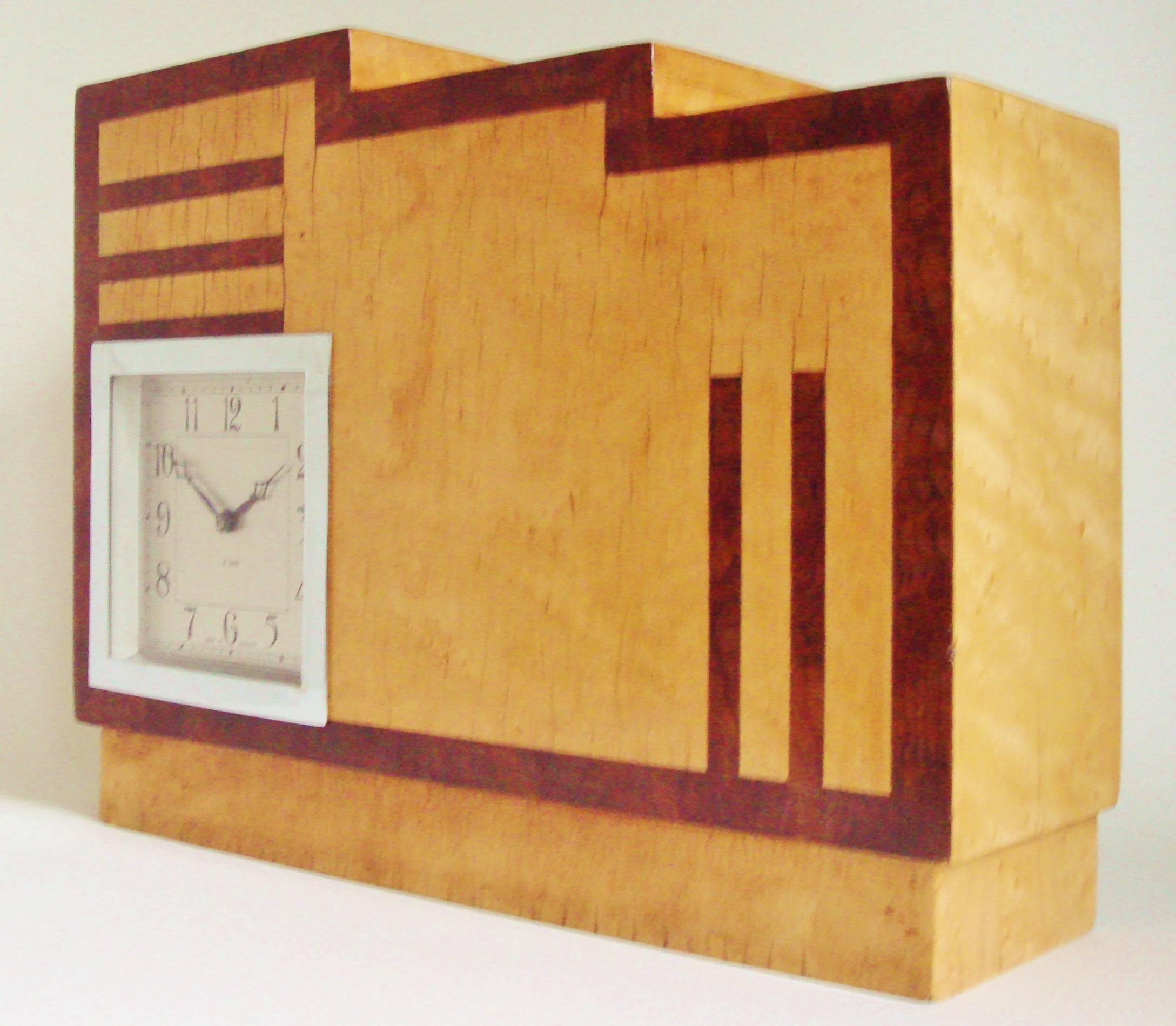 Plated English Art Deco, Chrome, Wood and Polychromed Veneer Ziggurat Mantle Clock For Sale