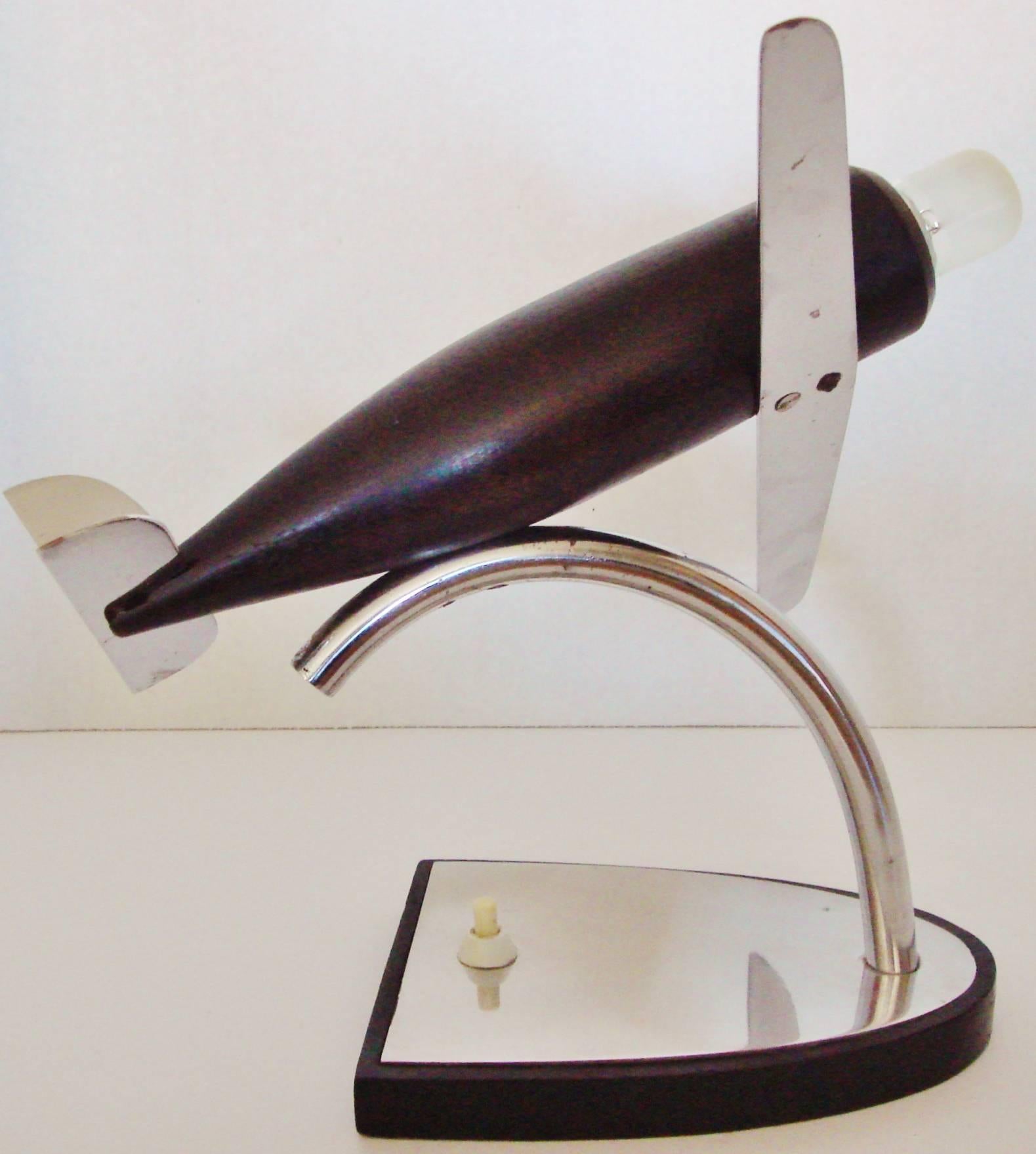 Mid-20th Century German Art Deco Chrome, Ebonized Wood and Bakelite Stylized Airplane Accent Lamp For Sale
