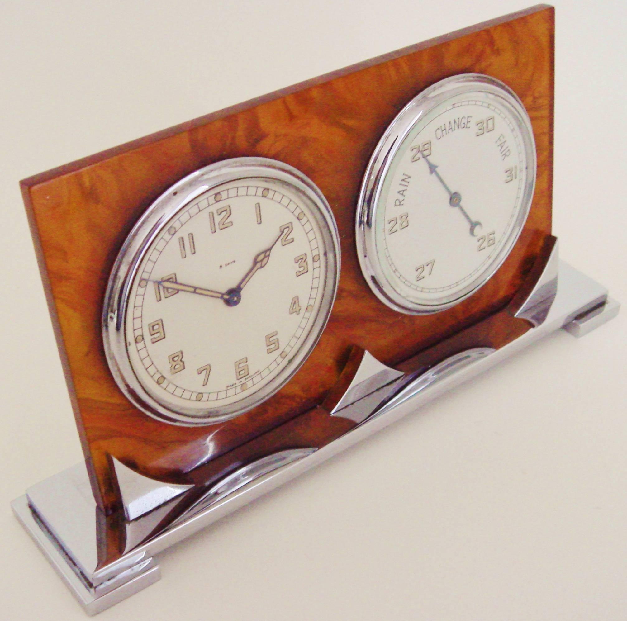 English Art Deco Chrome & Tortoiseshell Bakelite 8-Day Clock & Barometer Combo.  In Good Condition In Port Hope, ON