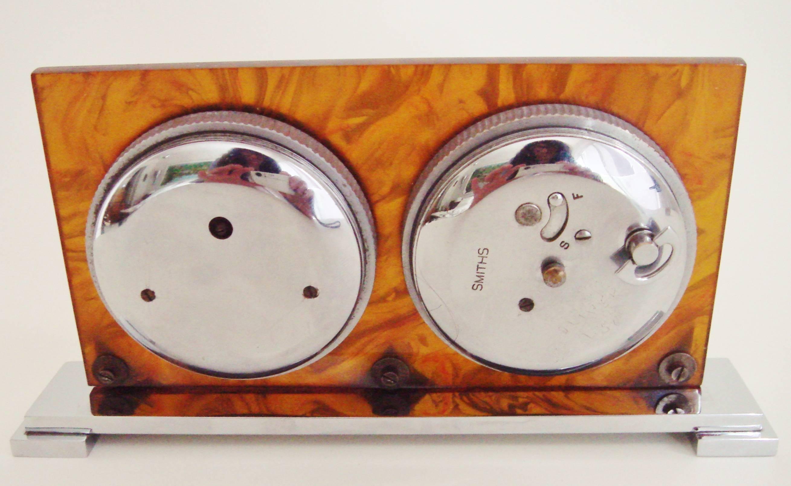 Great Britain (UK) English Art Deco Chrome & Tortoiseshell Bakelite 8-Day Clock & Barometer Combo. 