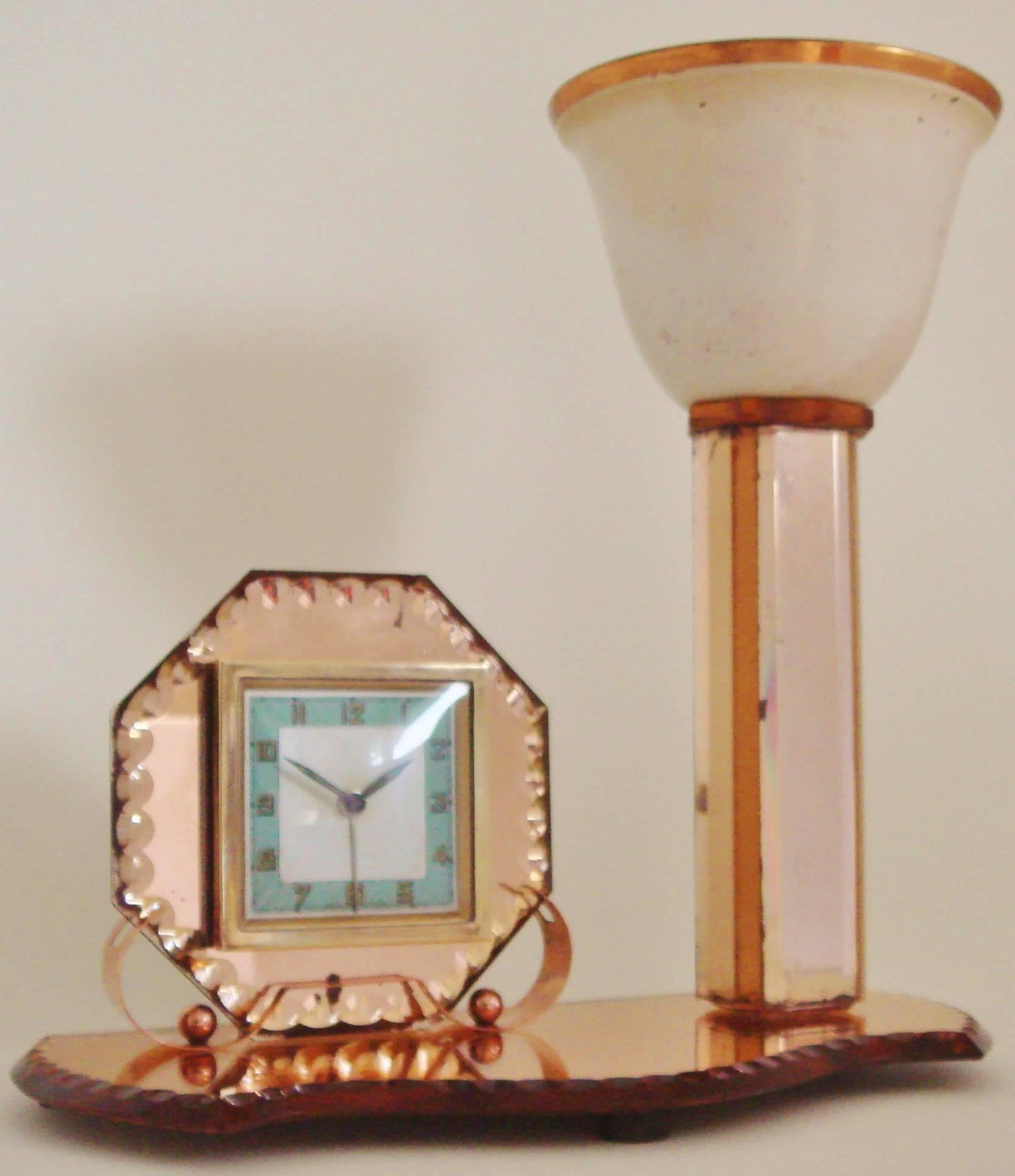 French Art Deco Copper & Peach Scalloped Edge Mirror Alarm Clock/Torchiere Combo For Sale 1
