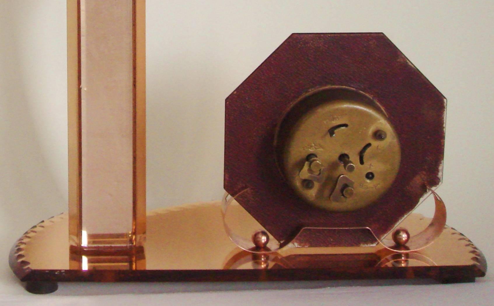Beveled French Art Deco Copper & Peach Scalloped Edge Mirror Alarm Clock/Torchiere Combo For Sale