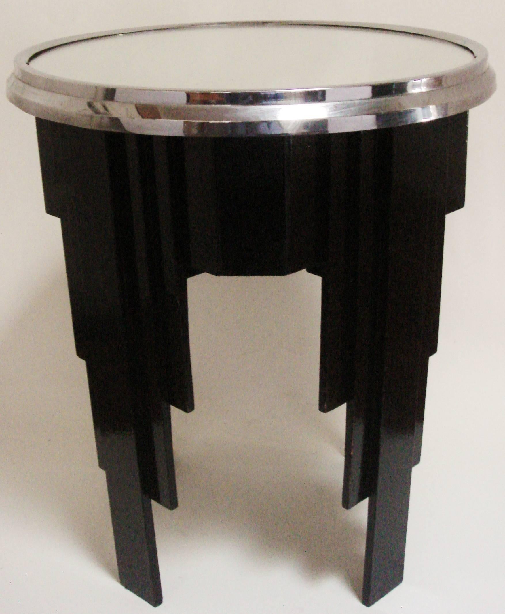 English Art Deco Black Painted Wood, Chrome & Mirror Reverse Ziggurat Wine Table 1