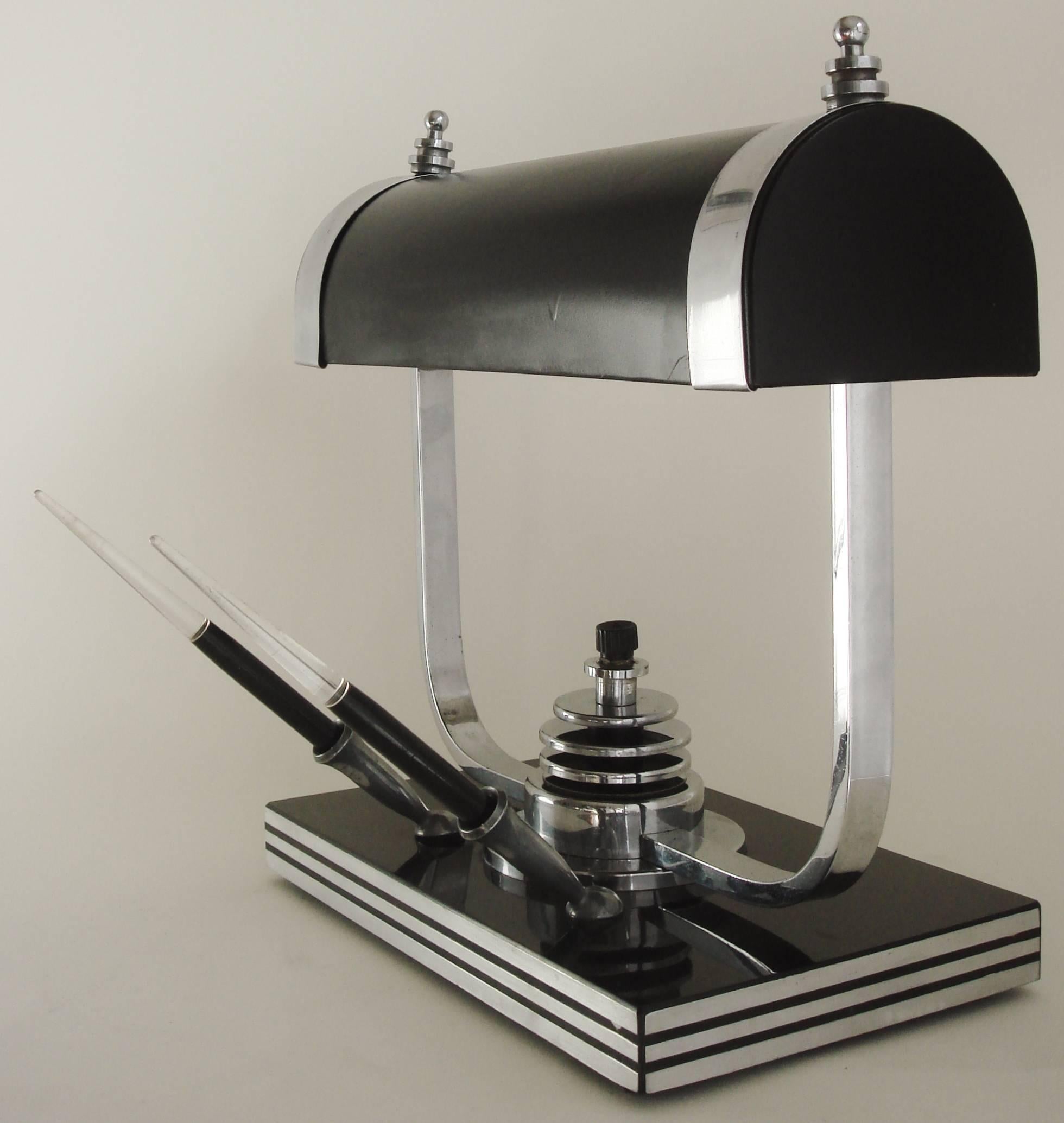 American Art Deco Black Enamel, Bakelite & Chrome Twin Pen Desk Lamp by Markel. 1