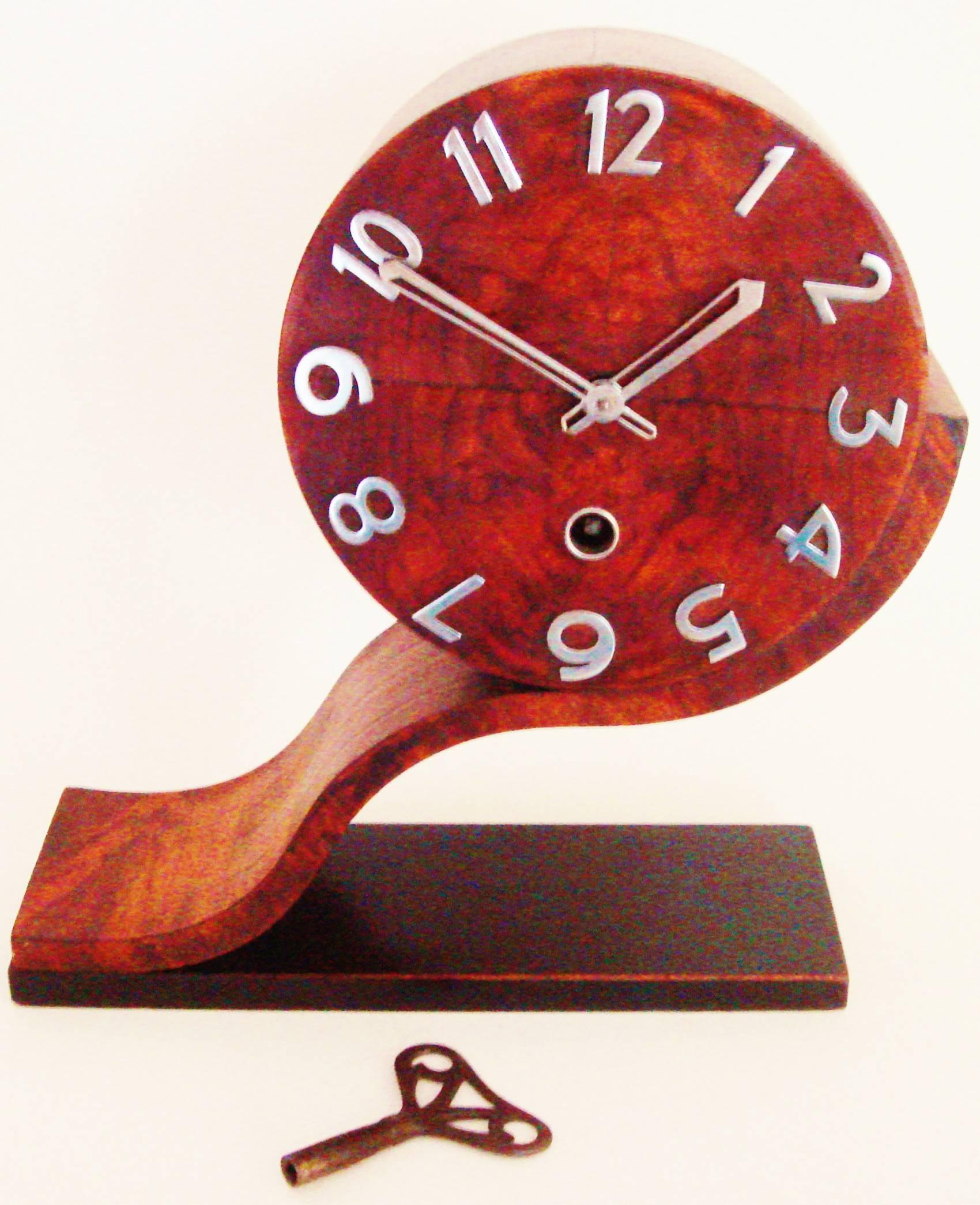 Chrome  English Art Deco Asymmetrical Mantel Clock in Book-Matched Veneer by Norland