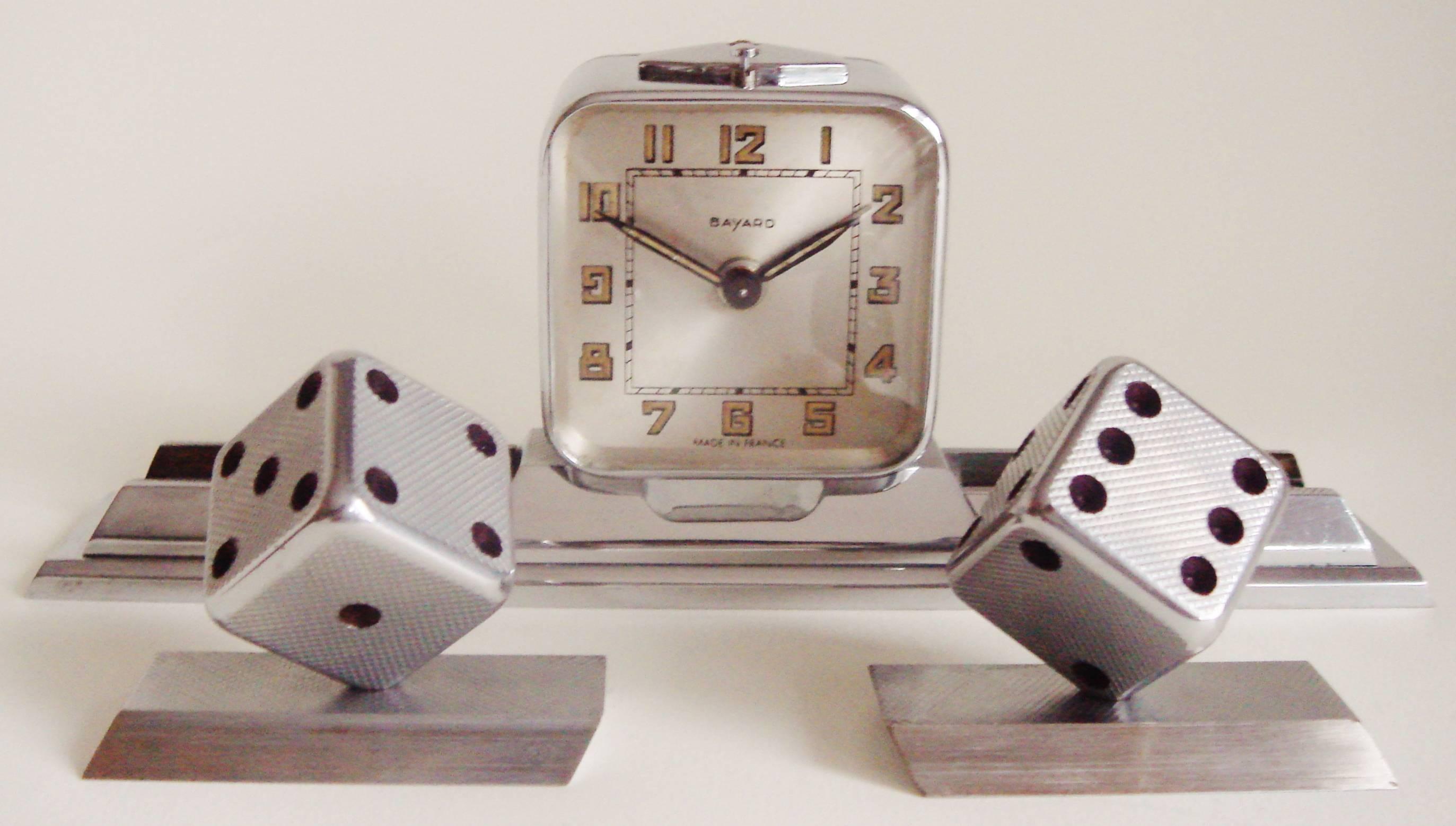 Cast French Art Deco Chromed Bronze Alarm Clock & Integral Dice Paperweight Desk Set