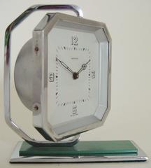 English Art Deco Chrome & Green Enamel Octagonal Swivel Desk Clock by Perivale.