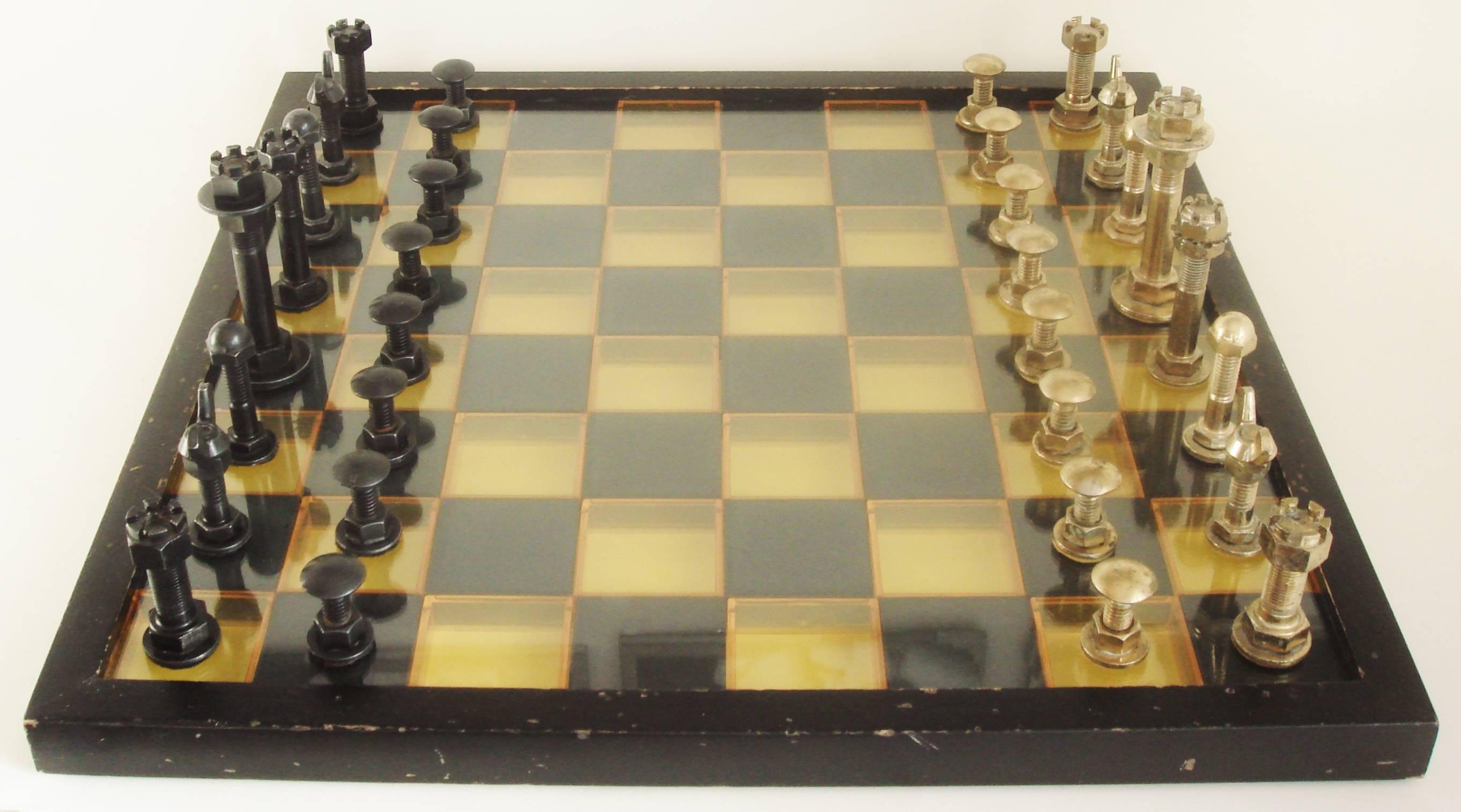 Large Mid-Century Modern Industrial Chess Set with 3D Polychrome Lucite Board In Good Condition In Port Hope, ON