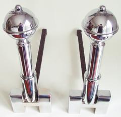 Pair of American Art Deco Chrome Geometric Andirons with Cast Iron Chenets