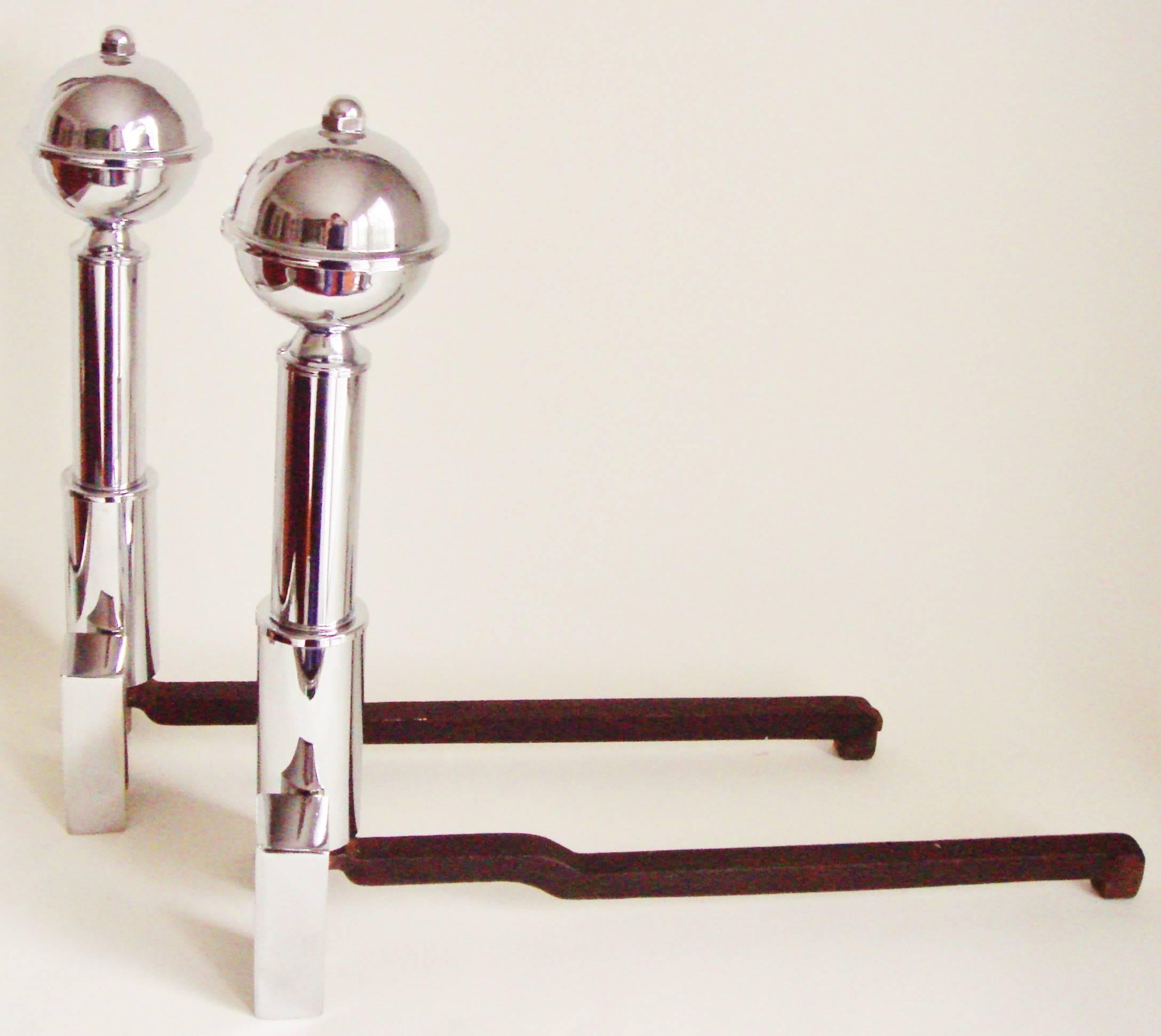Mid-20th Century Pair of American Art Deco Chrome Geometric Andirons with Cast Iron Chenets
