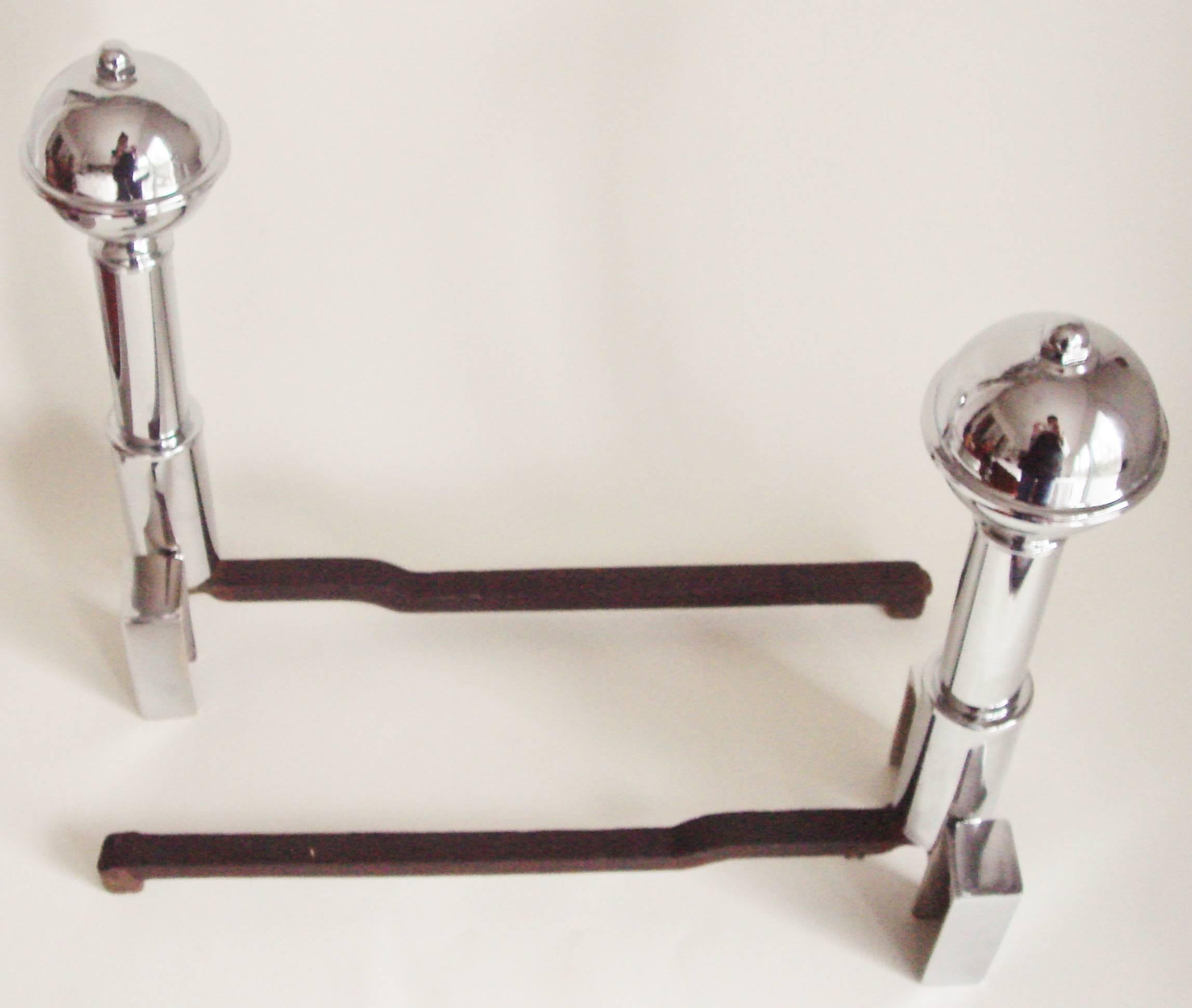 Pair of American Art Deco Chrome Geometric Andirons with Cast Iron Chenets 1