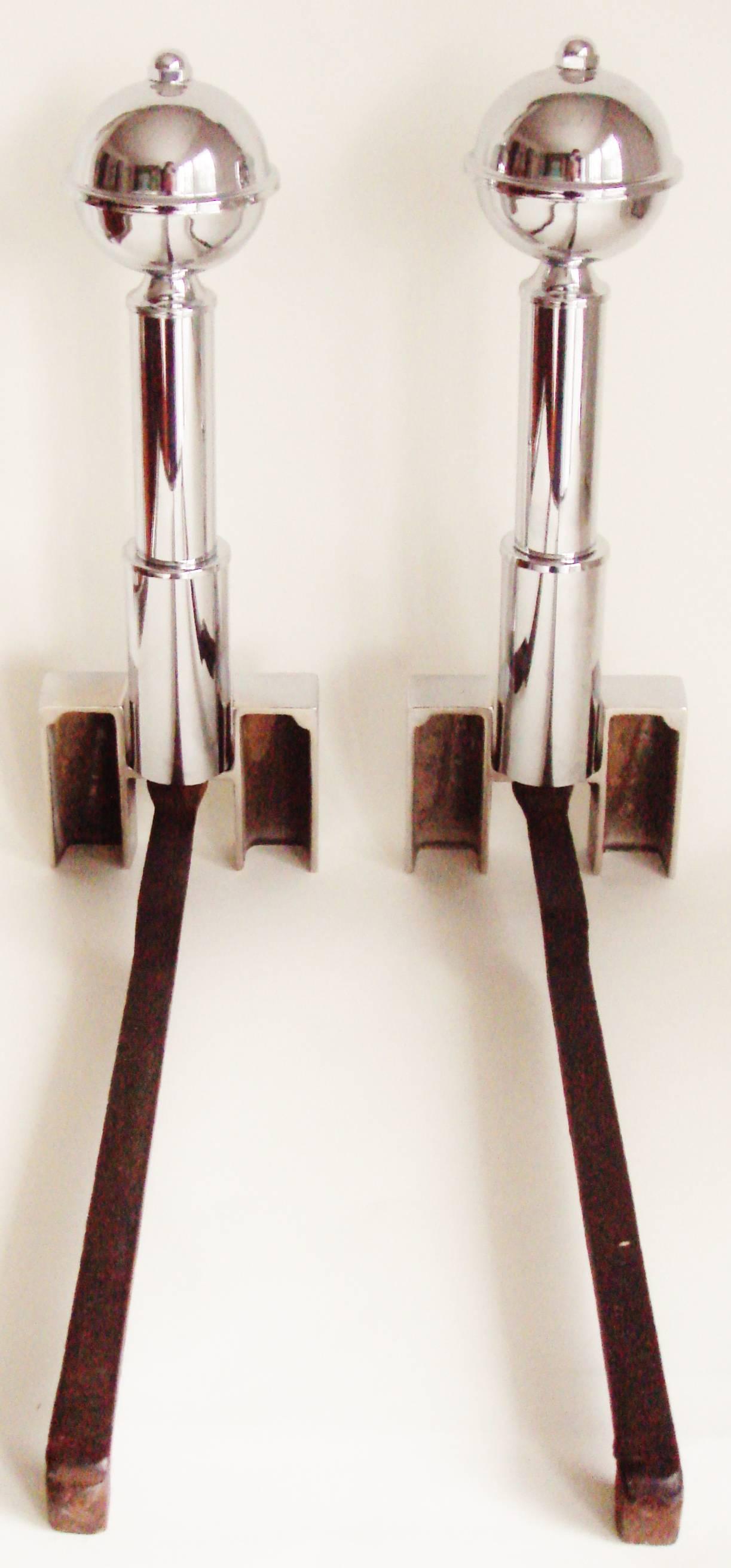 Pair of American Art Deco Chrome Geometric Andirons with Cast Iron Chenets 3