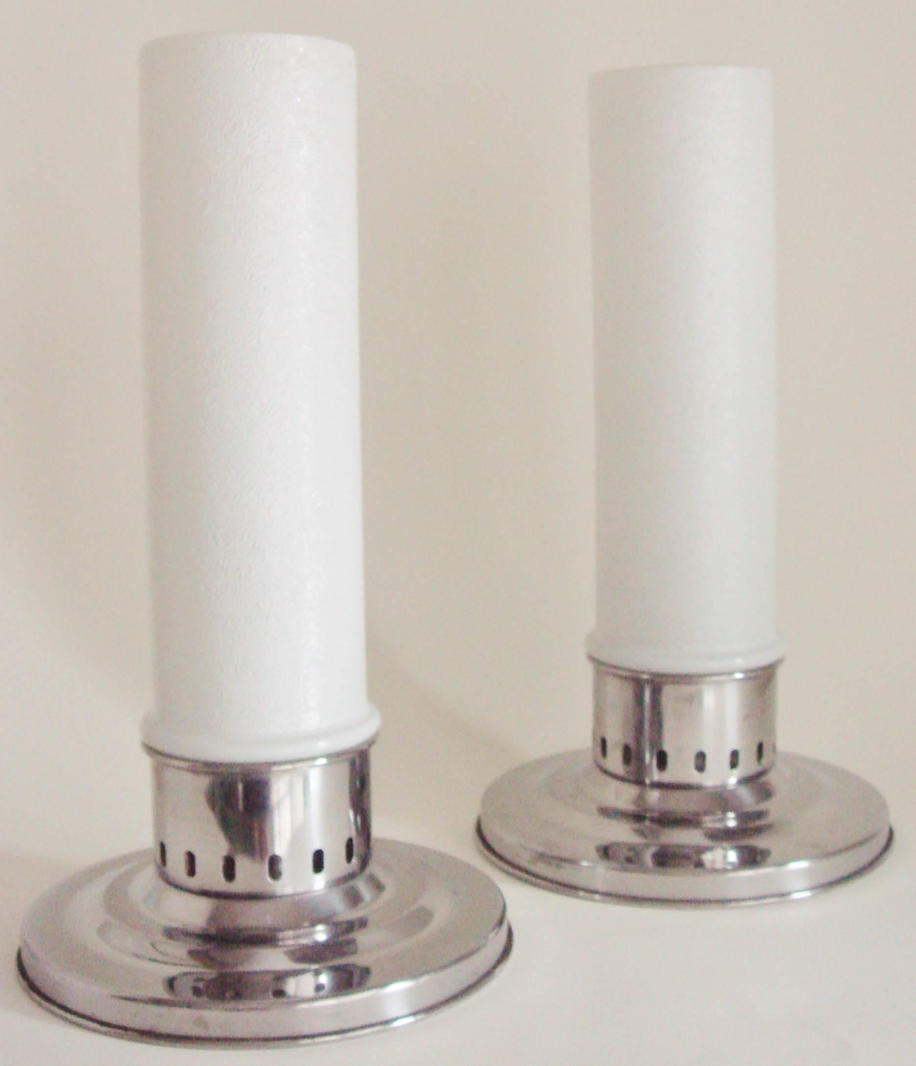 Mid-20th Century Pair of American Mid-Century Chrome and Milk Glass Candle Lamps by Bloomfield.