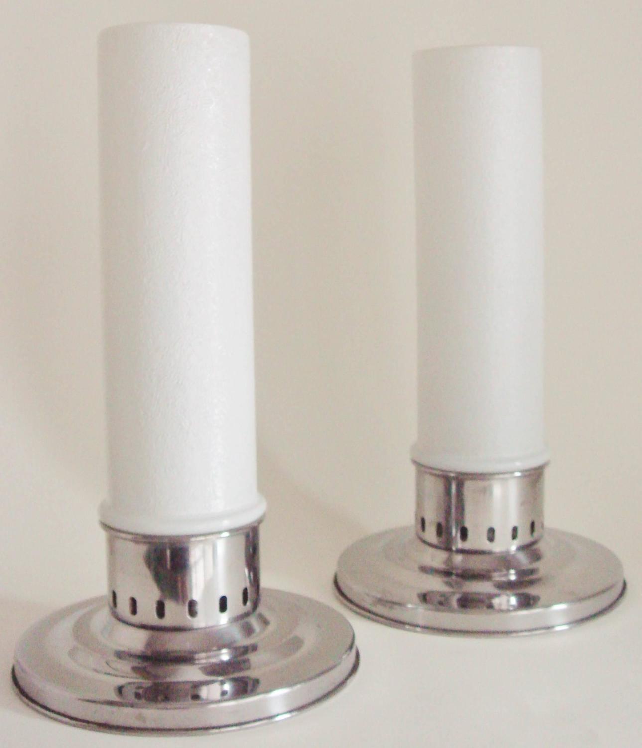 Pair of American MidCentury Chrome and Milk Glass Candle Lamps by