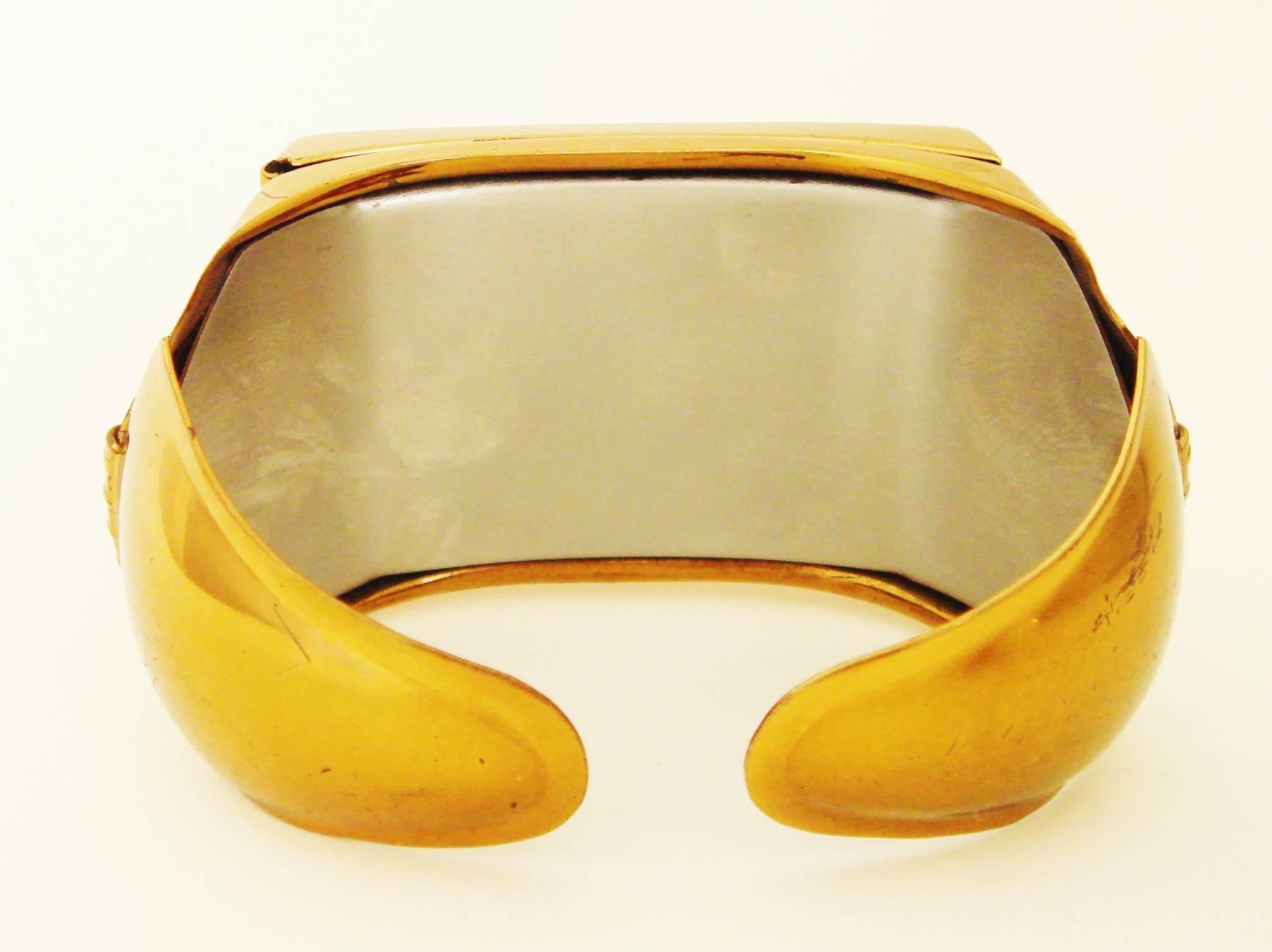 Rare American Art Deco Brass-Plated Geometric Compact Clamper Bracelet by K & K 2
